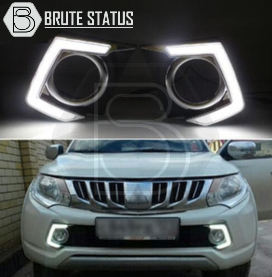 Mitsubishi L200 Series 5 2015-2019 Daytime Running Lights DRLs, chrome finish, installed on bumper, enhancing vehicle’s stylish design with bright LED functionality.