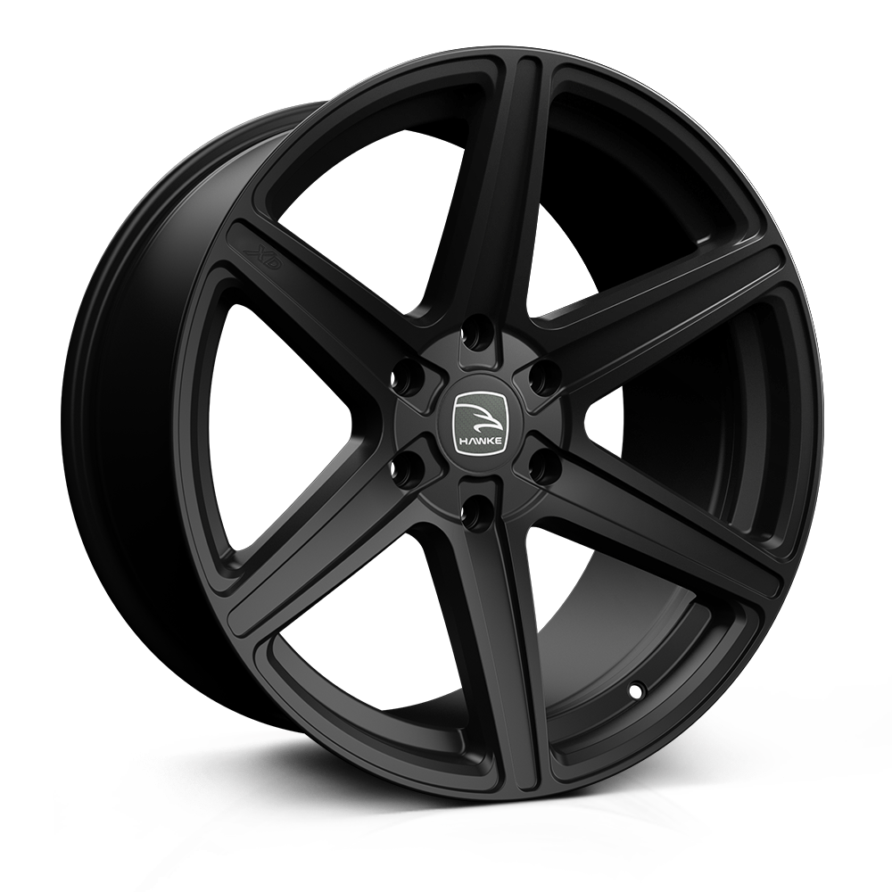 Hawke Wheels Ridge alloy rim featuring a white logo, suitable for pick-up trucks, available in 20-inch size with multiple fitment options.