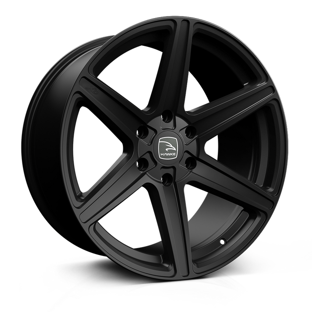 Hawke Wheels Ridge alloy rim featuring a white logo, suitable for pick-up trucks, available in 20-inch size with multiple fitment options.