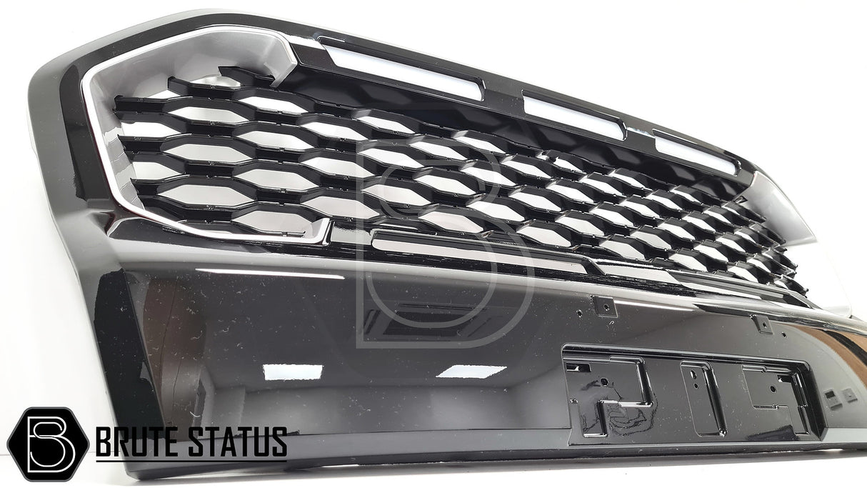 Ford Ranger 2019-2022 T8 Gloss Black & Silver Grille with White LEDs, featuring a sleek design with silver inserts and high-quality ABS plastic construction, for Wildtrak models.