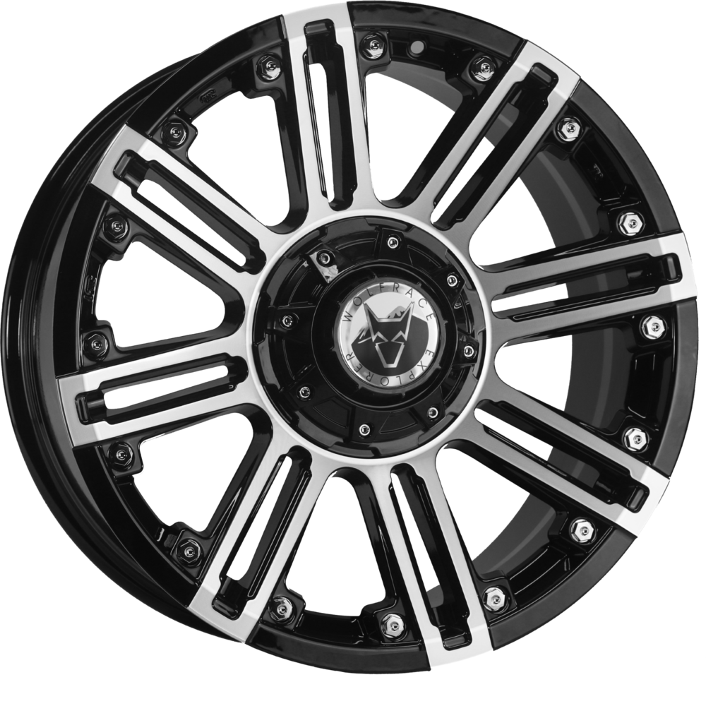 Wolfrace Amazon 20 Gloss Black Alloy Wheels with Polished Face featuring white spokes and logo detail, perfect for enhancing pick-up truck aesthetics.