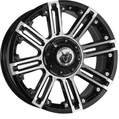 Wolfrace Amazon 20 Gloss Black Alloy Wheels with Polished Face featuring white spokes and logo detail, perfect for enhancing pick-up truck aesthetics.