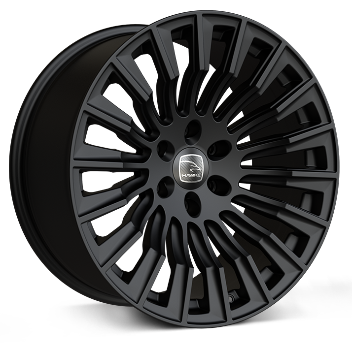 Hawke Wheels Denali XXC alloy rim featuring a central silver logo, designed for customization of pick-up trucks, available in gloss or matt black.