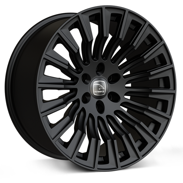 Hawke Wheels Denali XXC alloy rim featuring a central silver logo, designed for customization of pick-up trucks, available in gloss or matt black.