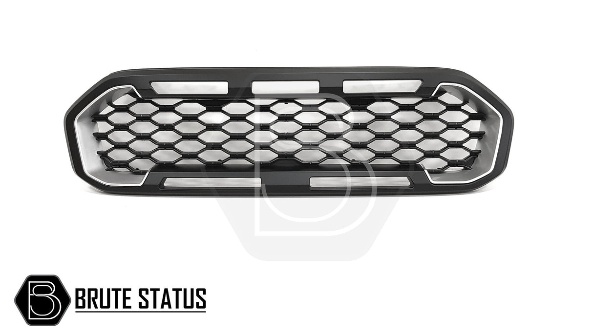 Ford Ranger 2019-2022 T8 Black/Silver Grille (Non-Wildtrak Only), featuring a tough, smooth black finish with silver accents, designed for easy installation.