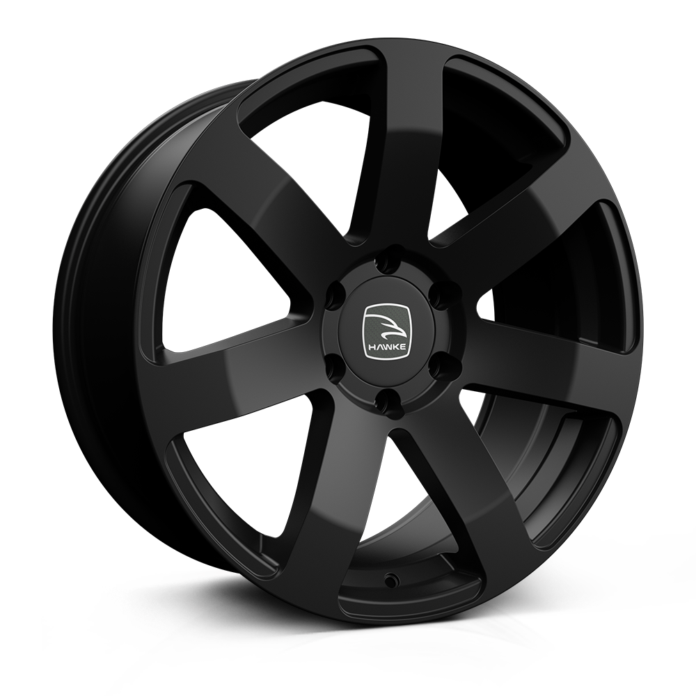 Hawke Wheels Summit in Matt Black, close-up of a sleek alloy wheel rim featuring a white logo, ideal for customizing pick-up trucks.