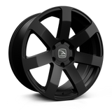 Hawke Wheels Summit in Matt Black, close-up of a sleek alloy wheel rim featuring a white logo, ideal for customizing pick-up trucks.