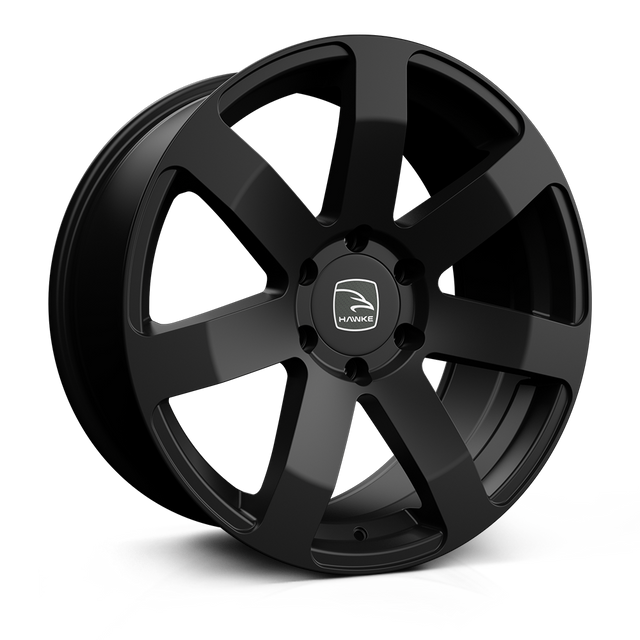 Hawke Wheels Summit in Matt Black, close-up of a sleek alloy wheel rim featuring a white logo, ideal for customizing pick-up trucks.