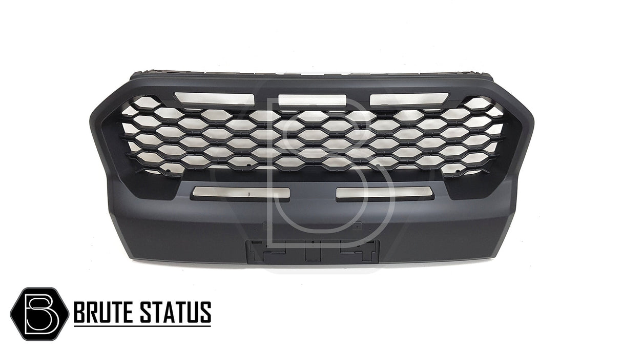 Ford Ranger 2019-2022 T8 Black Grille for Wildtrak, featuring a hexagon pattern, smooth finish, crafted from high-quality ABS plastic for an aftermarket upgrade.