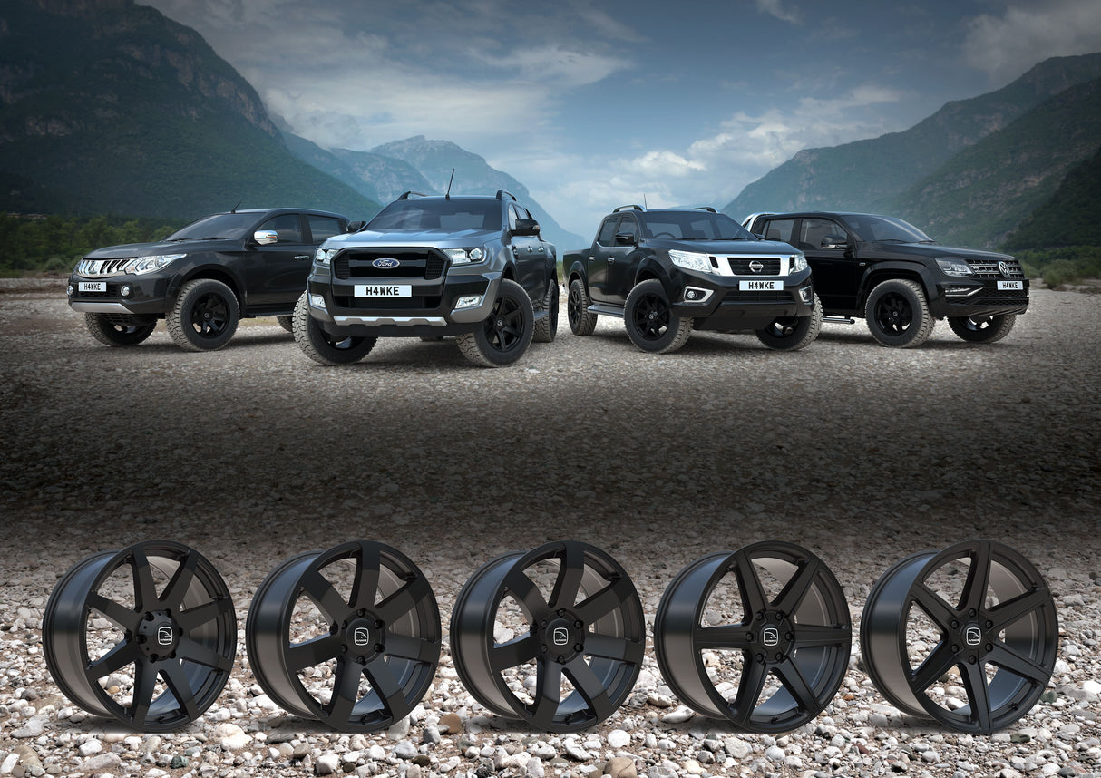 Hawke Wheels Ridge, 20-inch black rims, set of 4, displayed on a rocky surface, ideal for pick-up truck enhancements.