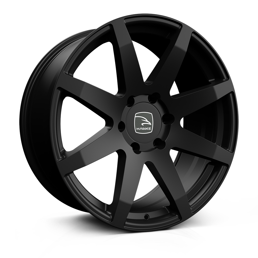 Hawke Wheels Knox, a black alloy wheel rim featuring a white logo, designed for customization with various sizes and bolt patterns, ideal for pick-up trucks.