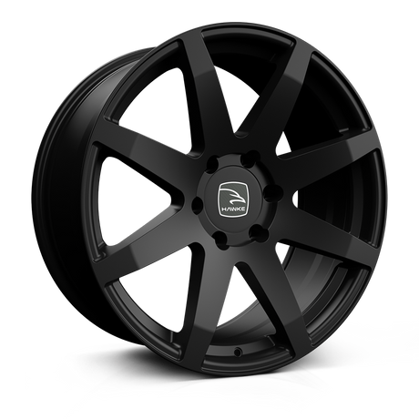 Hawke Wheels Knox, a black alloy wheel rim featuring a white logo, designed for customization with various sizes and bolt patterns, ideal for pick-up trucks.