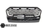 Ford Ranger 2019-2022 T8 Gloss Black & Silver Grille (Wildtrak Only) featuring a hexagon pattern and three white LEDs, designed for easy installation without drilling.