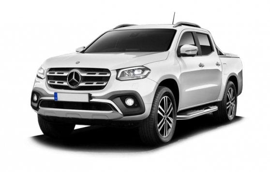 Mercedes X-Class 2017-2020 window deflectors, showcased on a white truck, highlight durable, aerodynamic design for enhanced rain protection and style.