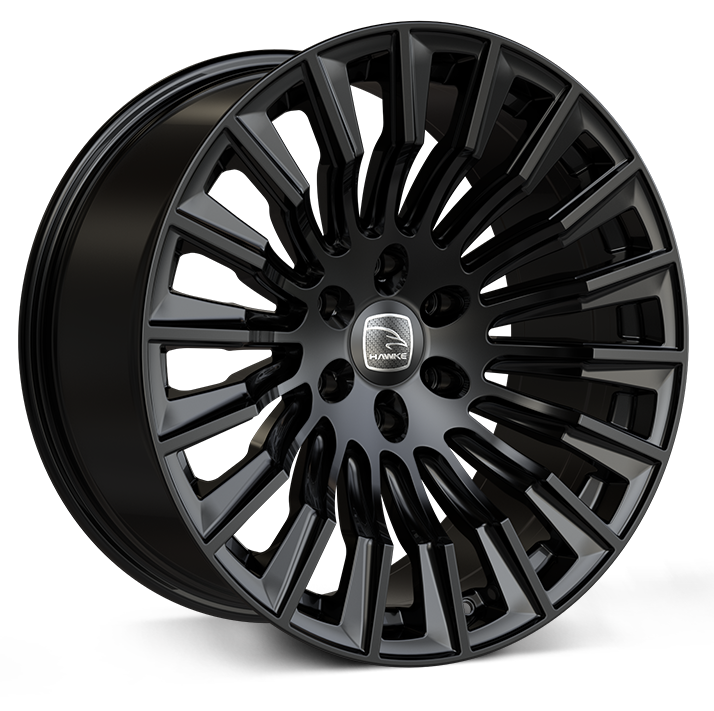 Hawke Wheels Denali XXC in black, featuring a detailed rim and center design, ideal for enhancing pick-up truck aesthetics. Available size: 20x9.5, offset: ET16.