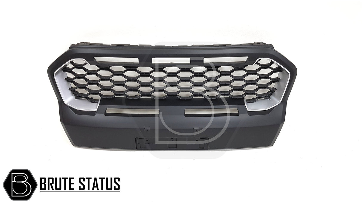 Ford Ranger 2019-2022 Black/Silver Grille for Wildtrak, featuring a sleek, hexagon-patterned design, made from durable ABS plastic, ideal for customization.