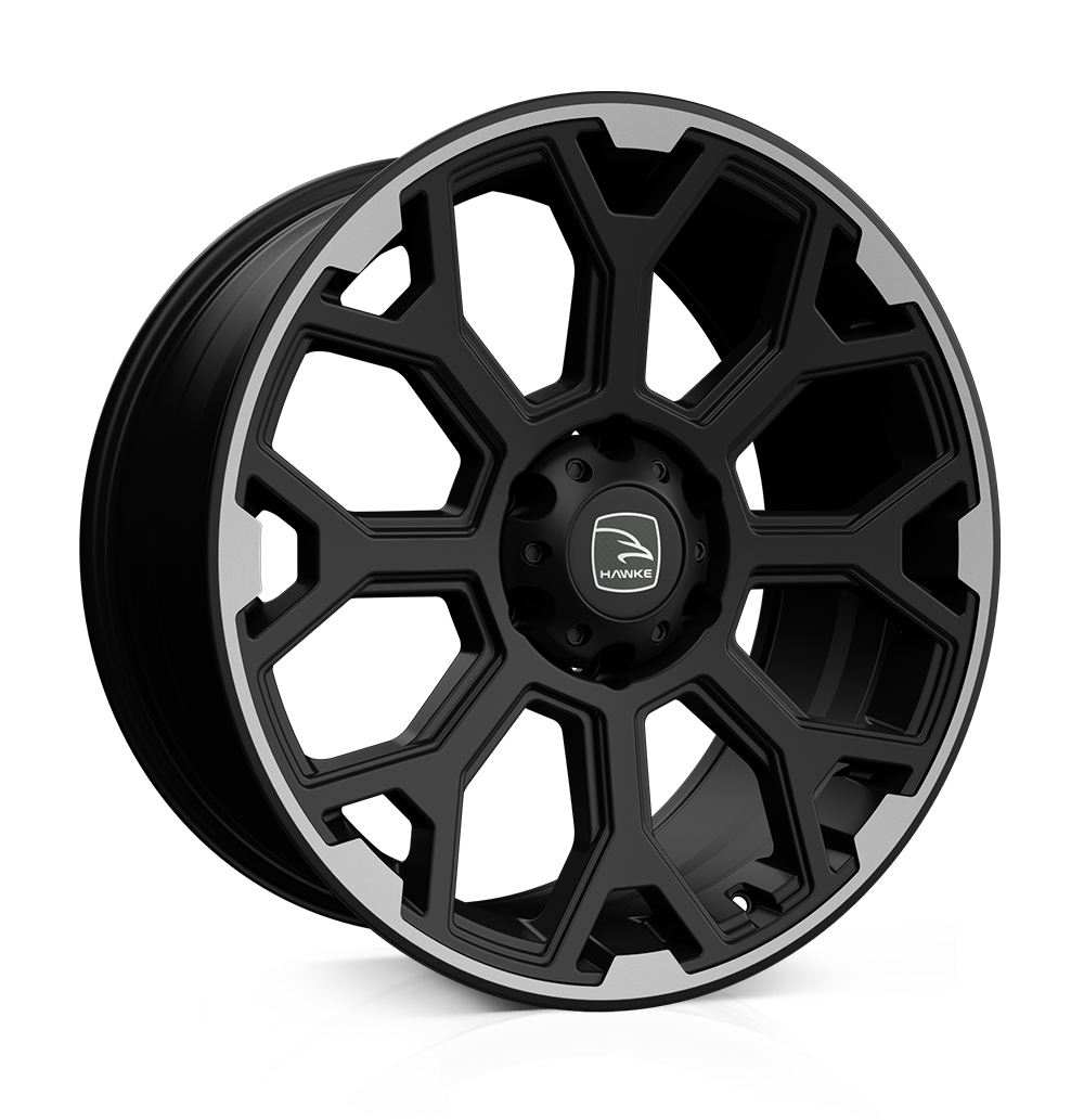 Hawke Wheels SAR, 20-inch matte black rim with polished lip, featuring silver spokes. Ideal for customizing pick-up trucks with a stylish, unique look.