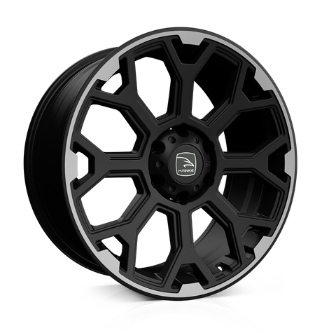 Hawke Wheels SAR, 20-inch matte black rim with polished lip, featuring silver spokes. Ideal for customizing pick-up trucks with a stylish, unique look.