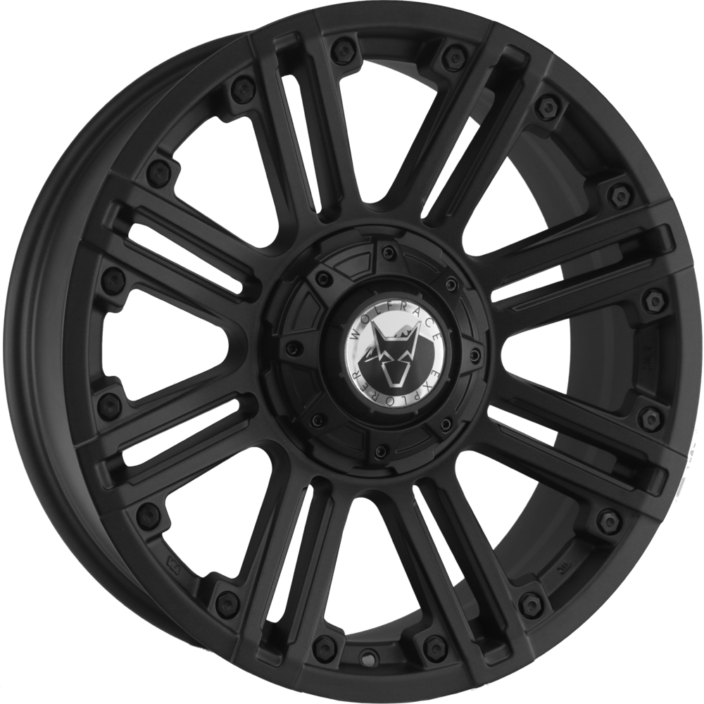 Wolfrace Amazon Alloy Wheels Matte Black, featuring a prominent white logo, designed for enhanced vehicle individuality. Comes with a free fitting kit and two-year warranty.