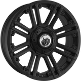 Wolfrace Amazon Alloy Wheels Matte Black, featuring a prominent white logo, designed for enhanced vehicle individuality. Comes with a free fitting kit and two-year warranty.