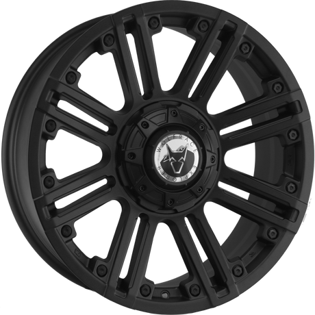 Wolfrace Amazon Alloy Wheels Matte Black, featuring a prominent white logo, designed for enhanced vehicle individuality. Comes with a free fitting kit and two-year warranty.