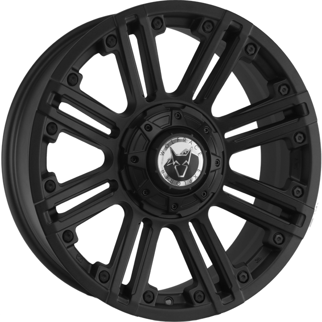 Wolfrace Amazon Alloy Wheels Matte Black, featuring a prominent white logo, designed for enhanced vehicle individuality. Comes with a free fitting kit and two-year warranty.