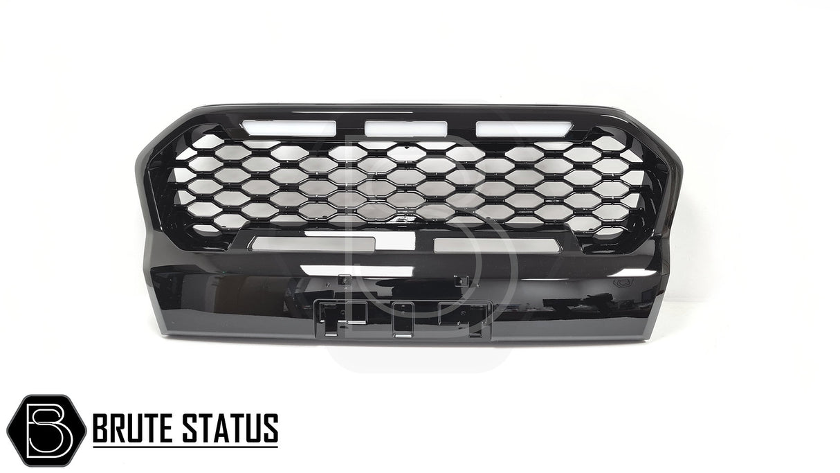 Ford Ranger 2019-2022 T8 Gloss Black Grille (Wildtrak Only) featuring hexagon pattern, three white LEDs, and durable ABS plastic construction for enhanced truck appeal.