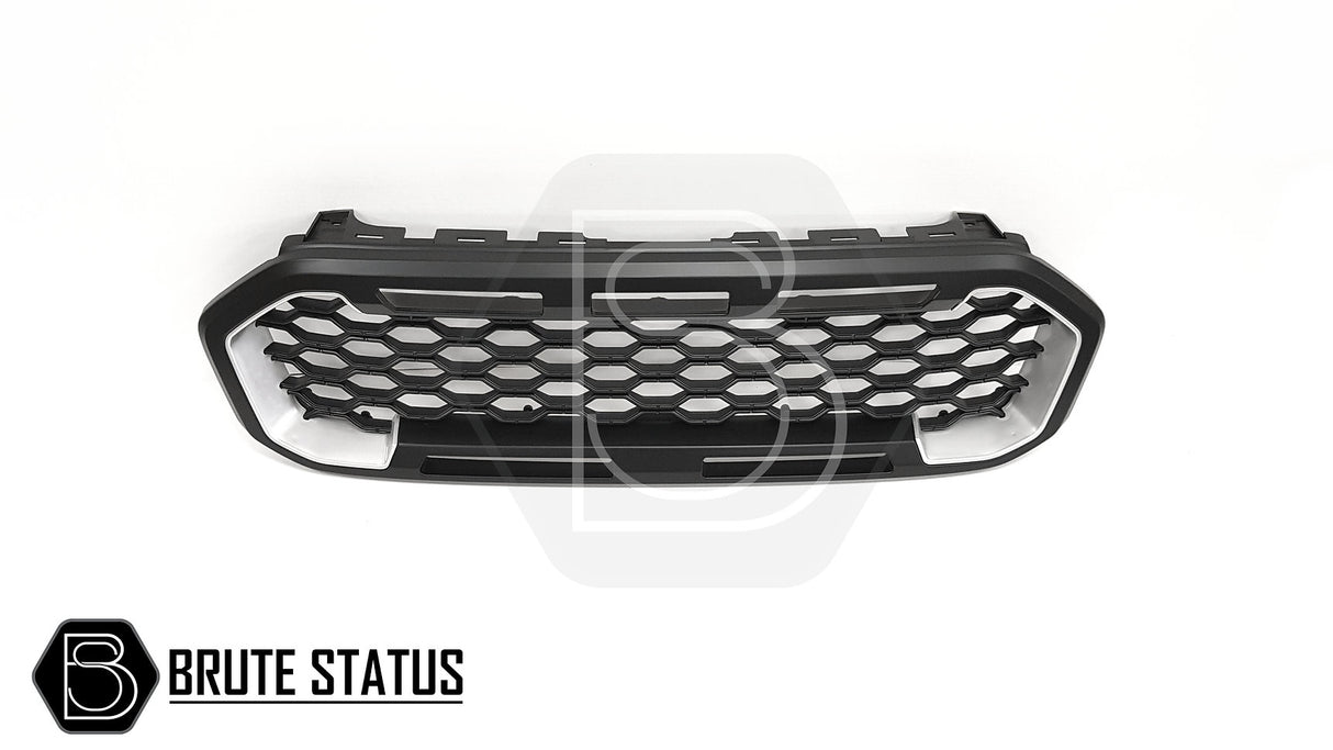 Ford Ranger 2019-2022 T8 Black/Silver Grille (Non-Wildtrak Only) with hexagonal pattern, designed for easy installation, enhancing vehicle's rugged appearance.