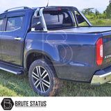 Nissan Navara NP300 2015-2022 Roll Bar Chrome displayed on a blue truck, showcasing its heavy-duty steel construction and chrome finish.