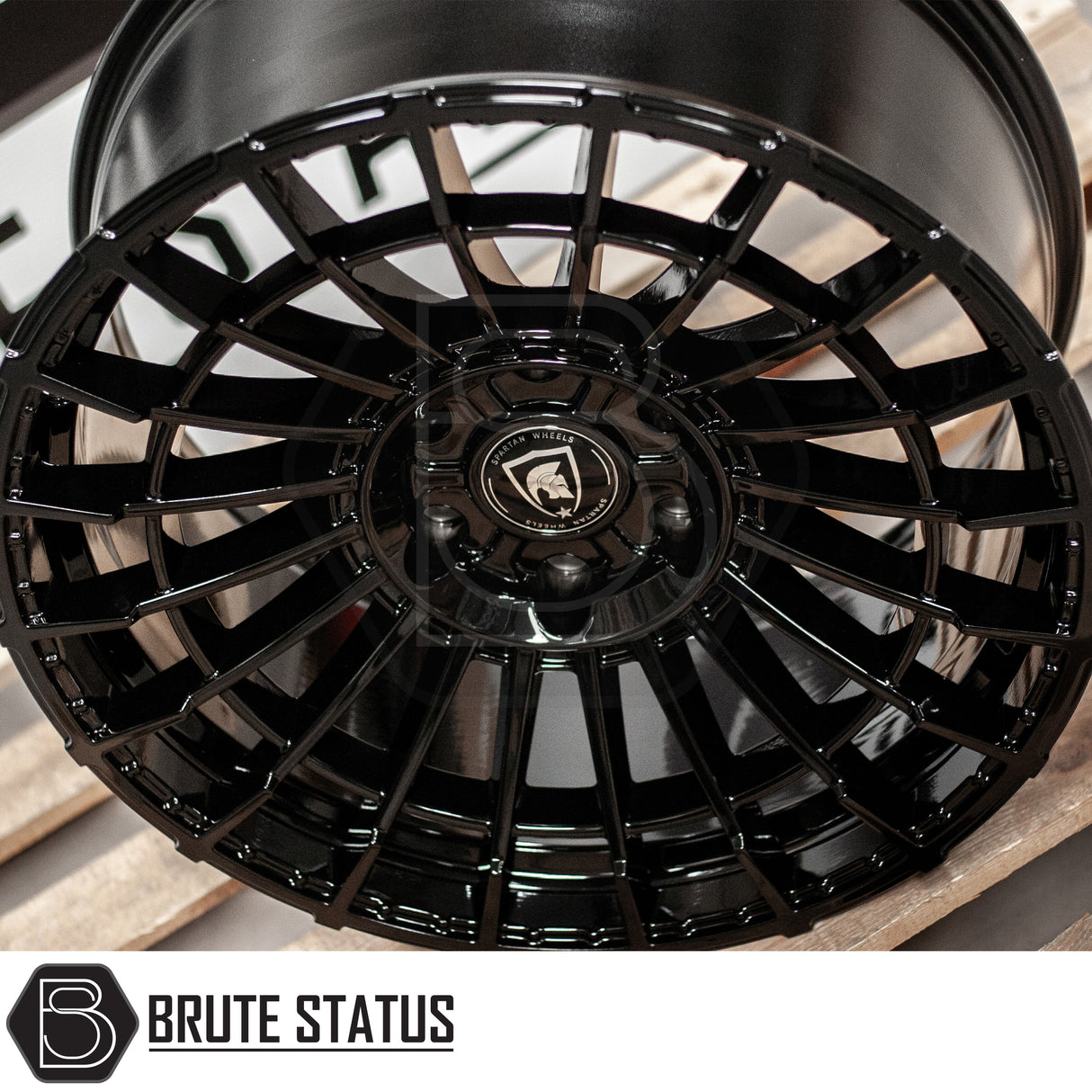 Spartan SW5 Wheels, black, close-up view, showing intricate design and branding, suitable for enhancing pick-up truck aesthetics.