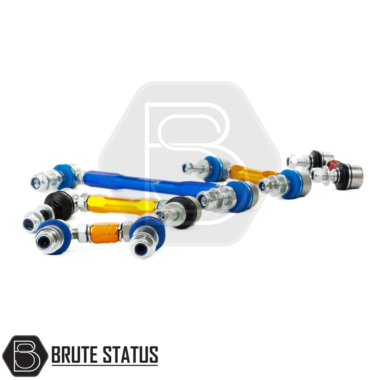 A selection of Brute Status anti rollbar drop links in blue gold and red for suspension lift kits