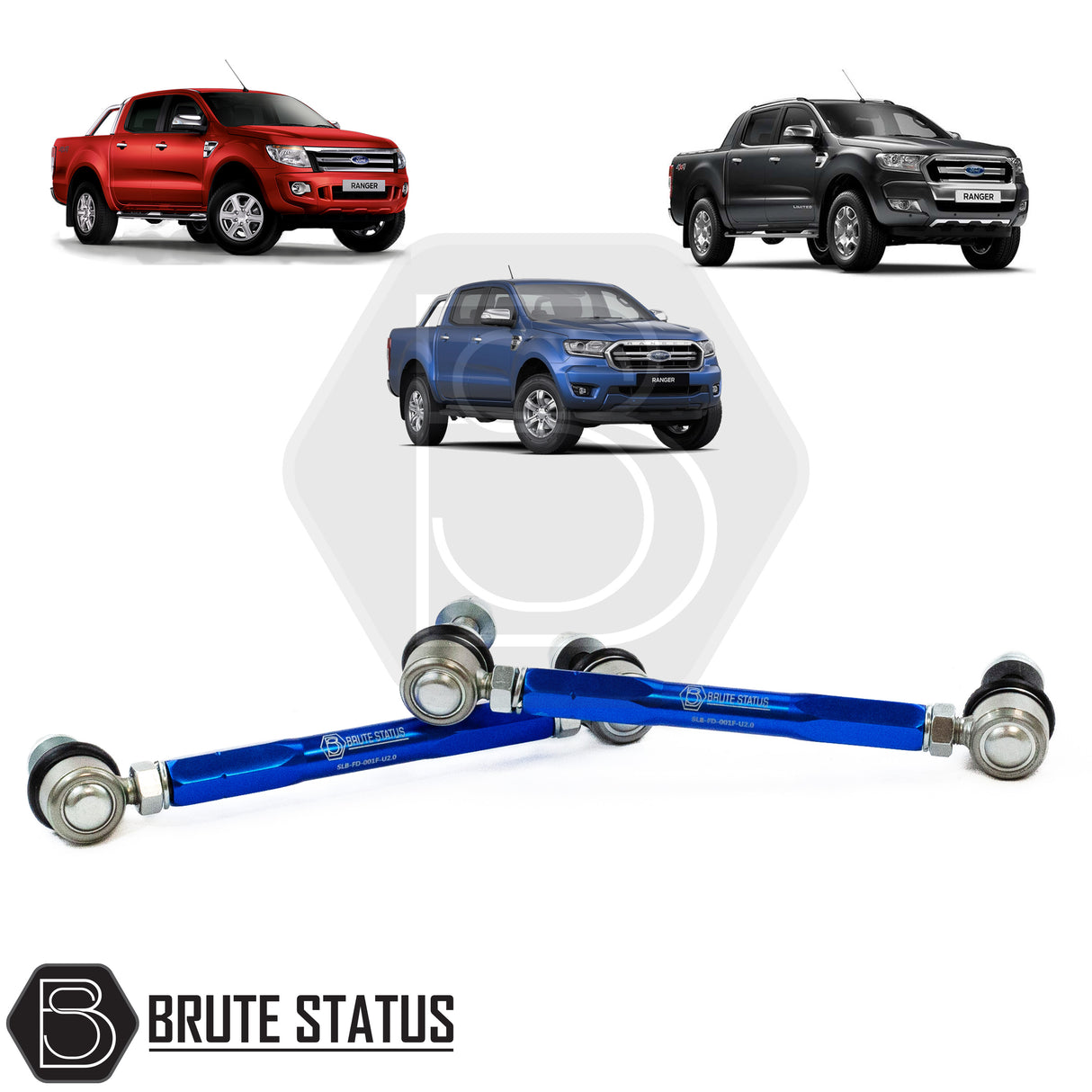 A pair of Brute Status anti rollbar drop links in blue for suspension lift kits for Ford Ranger 2012-2022 pickup trucks