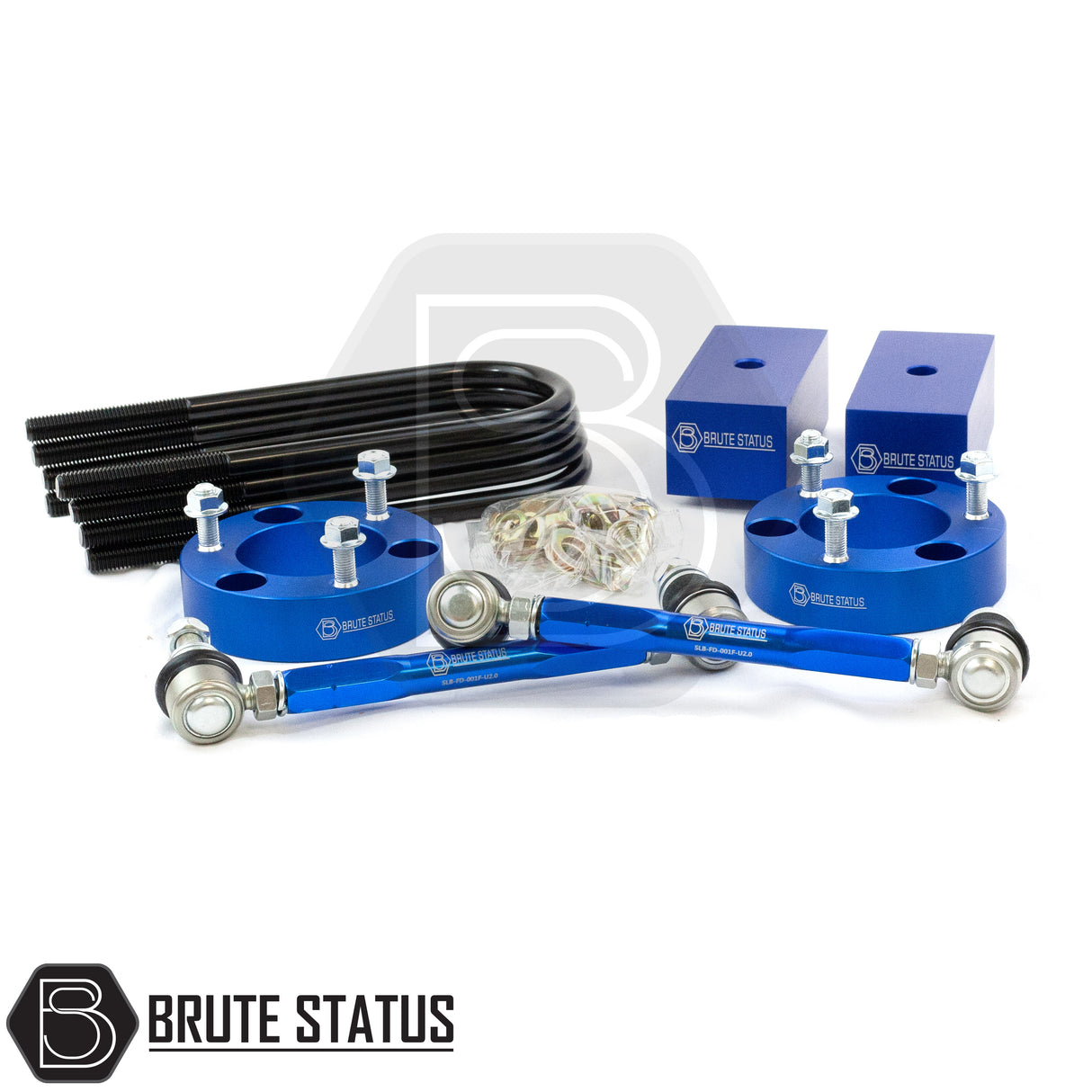 Brute Status suspension lift kit items in blue colour for fitment with Ford Ranger  T8 2019-2022 model pickup trucks