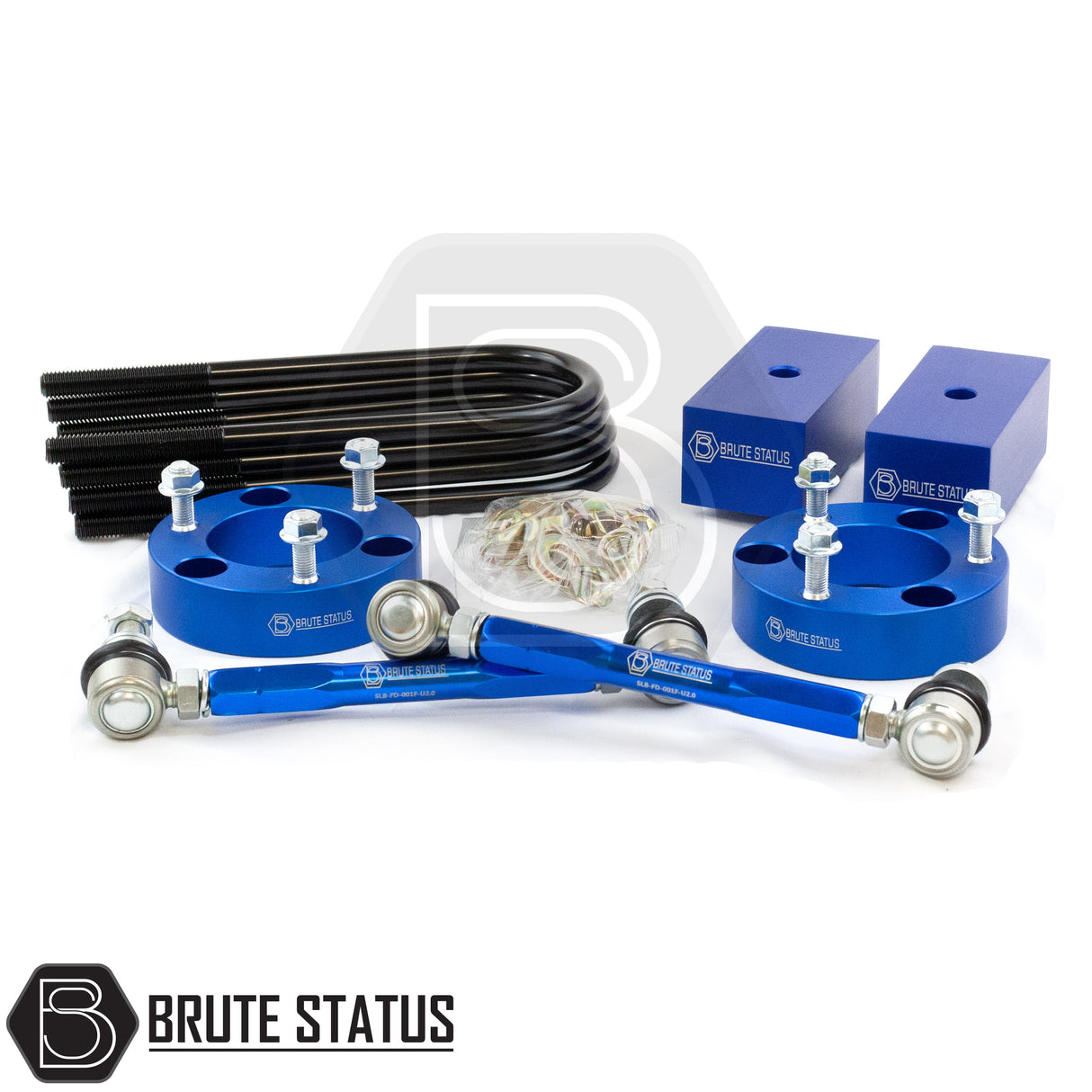 Brute Status suspension lift kit items in blue colour for fitment with Ford Ranger  T8 2019-2022 model pickup trucks