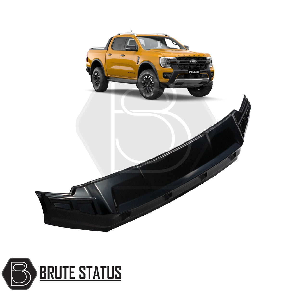 Bonnet Protector for Ford Ranger T9 2023+, close-up of truck front with satin black finish, designed to shield bonnet from bugs and stones.