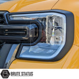 Brute Status matte black headlight and taillight cover trims for a Ford Ranger 2023+ pickup truck 