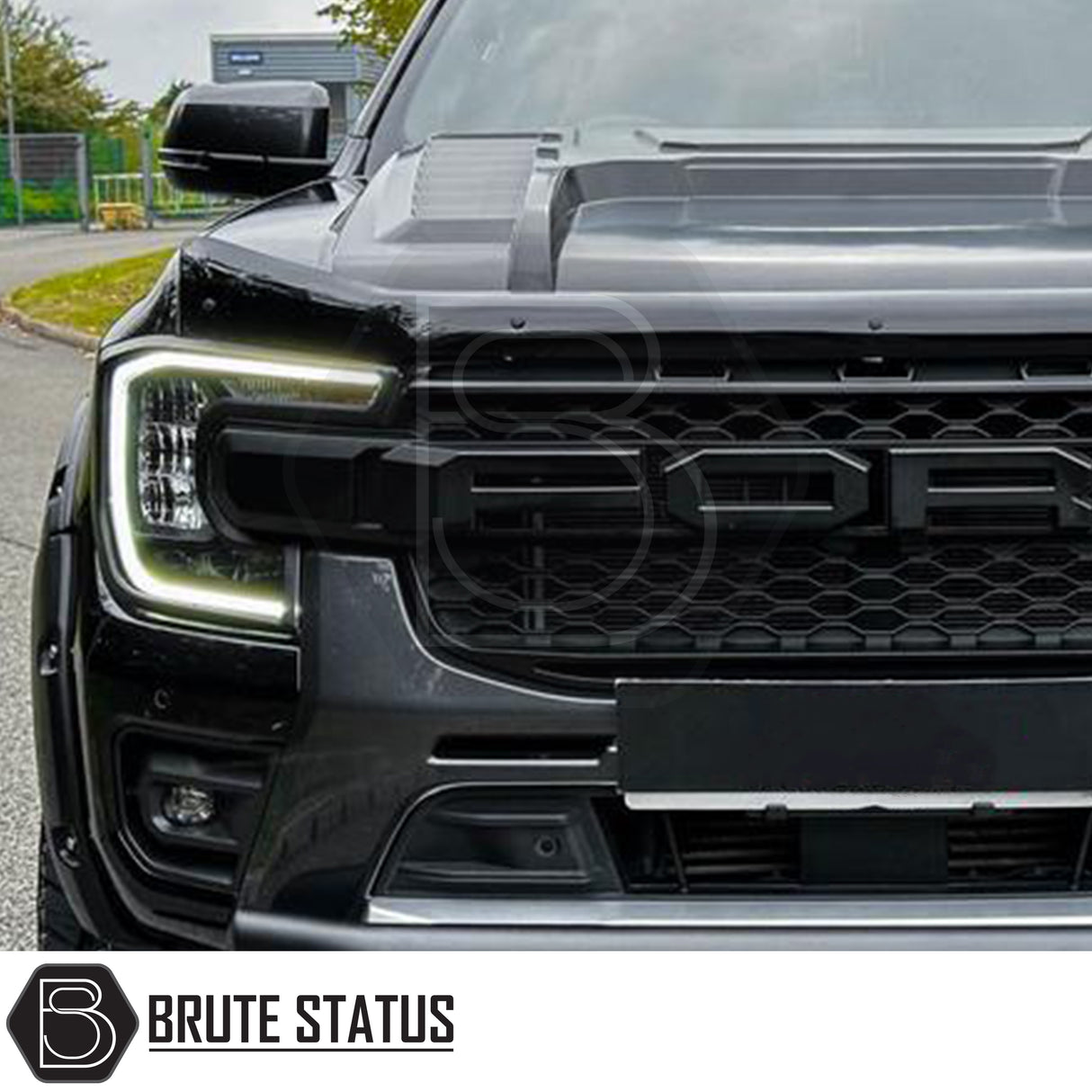 Brute Status matte black headlight and taillight cover trims for a Ford Ranger 2023+ pickup truck 