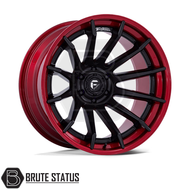 Fuel burn wheels in 6x139.7 fitment in matte black finish with a candy red lip for pickup trucks.