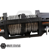 12000LB 12V Electric Heavy Duty Winch with Dyneema Rope, showcasing coil of rope, black handle, hexagon logo, and close-up of components.