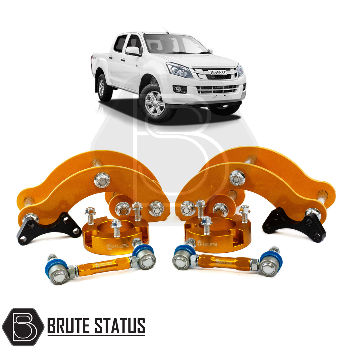 Brute status anti roll bar links with suspension lift kit in a gold colour, for the isuzu d-max 2012-2016 pickup truck 