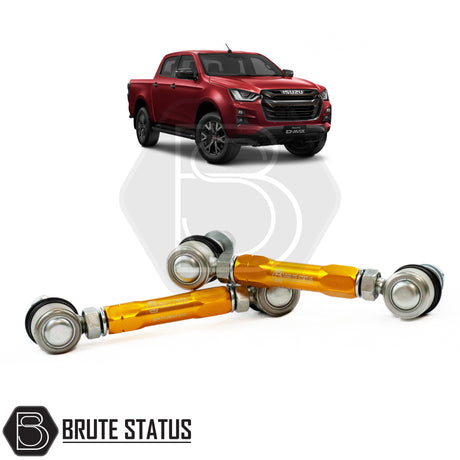 brute status adjustable anti roll bar links for suspension lift kit in gold for the isuzu d-max 2021+ pickup truck