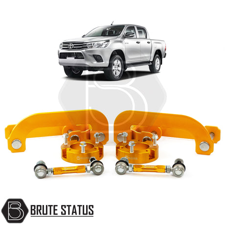 Brute status suspension lift kit and anti roll bar drop links in gold for toyota hilux 2015+ pickup truck