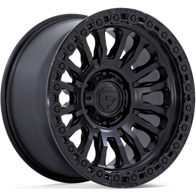 Fuel Rincon Wheels in Matte Black with Gloss Lip, featuring black spokes and a fitting kit, suitable for customizing pick-up trucks. Set includes four wheels.