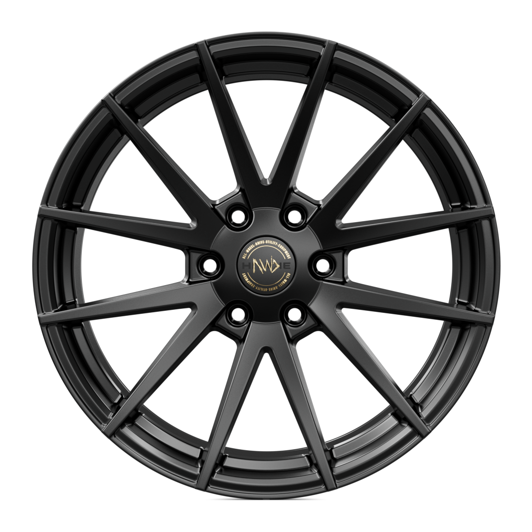 Hawke Wheels Hekla alloy wheel in matt black, featuring a sleek design with gold logo, ideal for enhancing pick-up truck aesthetics.