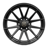 Hawke Wheels Hekla alloy wheel in matt black, featuring a sleek design with gold logo, ideal for enhancing pick-up truck aesthetics.