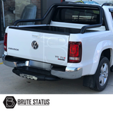 Toyota Hilux 2015+ Roll Bar Matt Black with durable powder-coated finish, enhancing style and functionality, shown on a white pickup truck rear view.