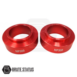 Mercedes X-Class Rear Shock Spacers 50mm, forged aluminum, anodized for durability, designed for a 2 overall lift, featuring heat-treated studs and nuts for strength.