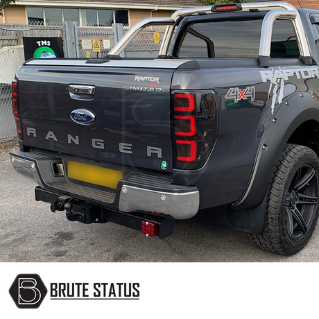 Ford Ranger 2012-2022 LED Tail Lights installed on a black truck, showcasing their sleek design and easy installation for a modernized rear appearance.