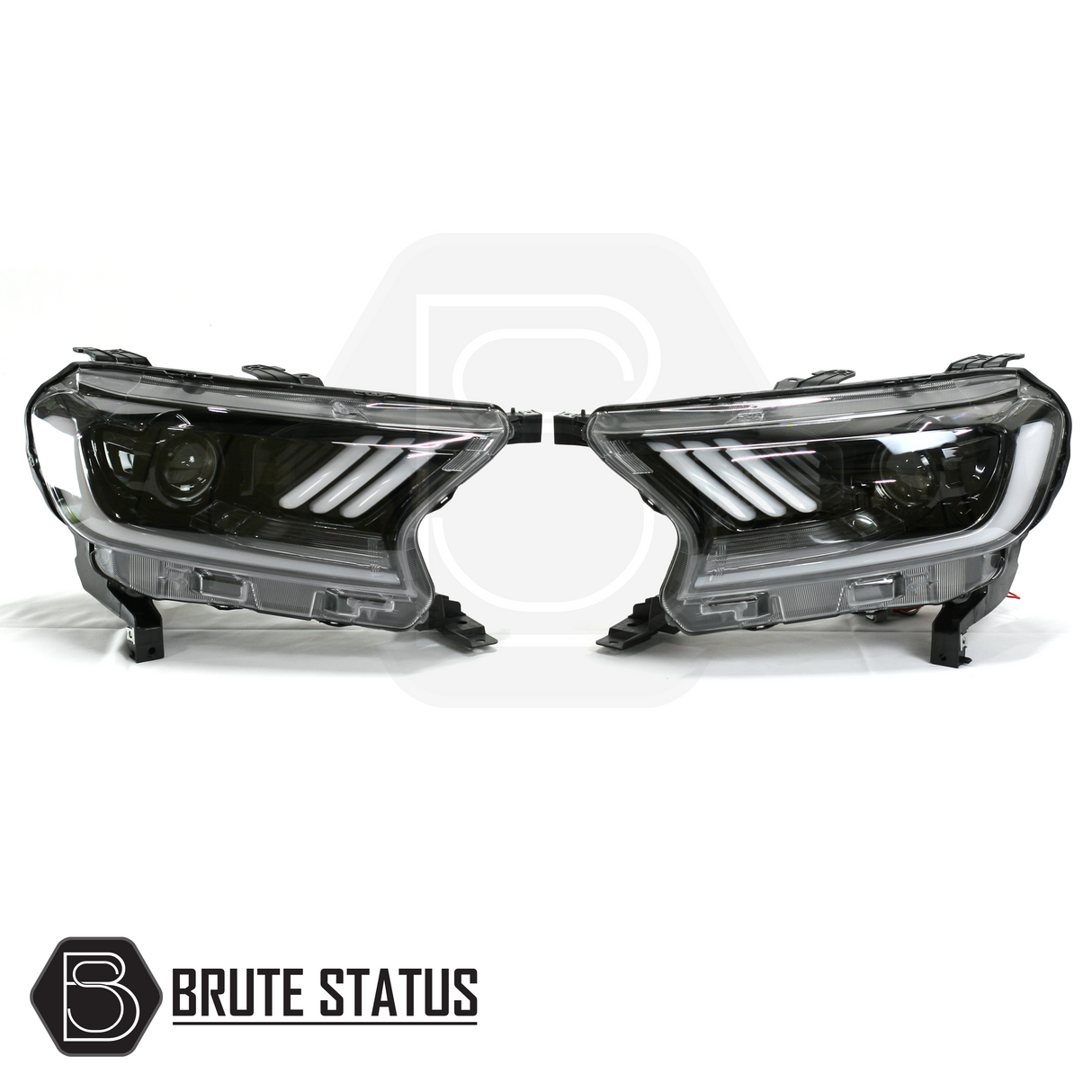 Ford Ranger 2015-2022 T7 T8 LED Mustang Style Headlights, featuring gloss black internals and sweeping indicators, tailored for aftermarket truck customization.