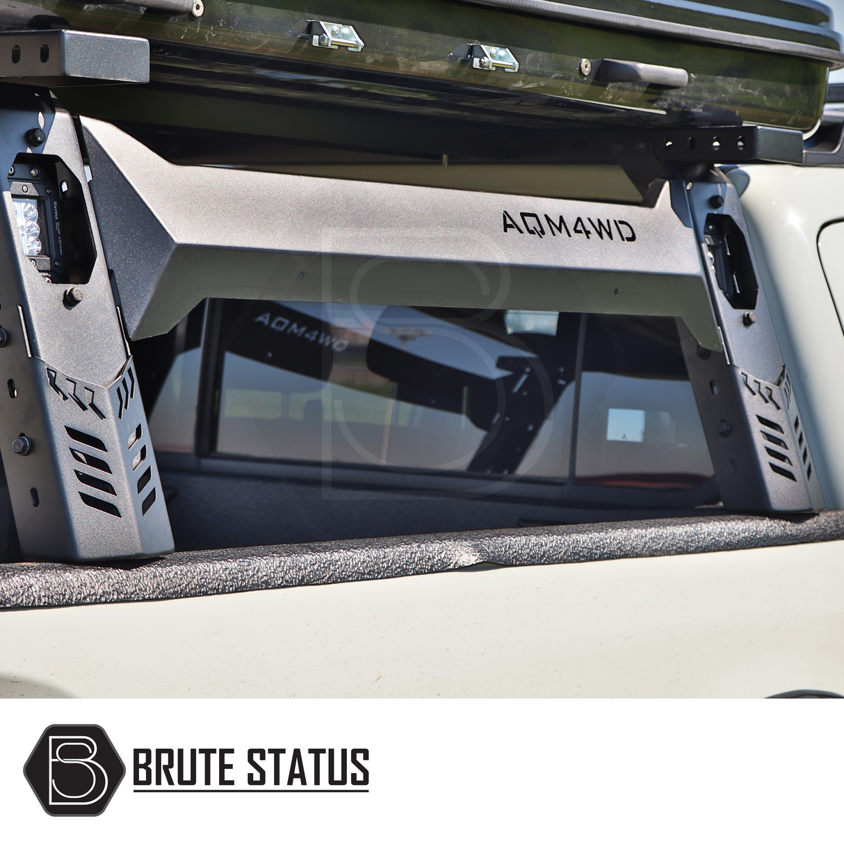 Universal S75 Tent Roll Bar on a pickup truck, featuring 4 square LEDs and a matt black finish, enhancing outdoor adventure readiness.